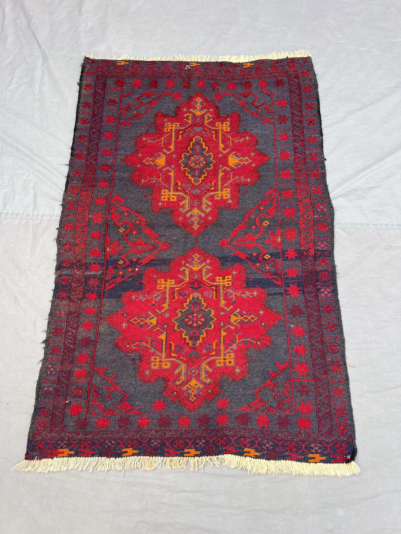 3x4'9 ft Vintage Afghan Pile Rug | Handknotted Tribal Double Star Medallion | Vivid Red & Charcoal Grey Wool | Accent Rug Bedside Entryway
