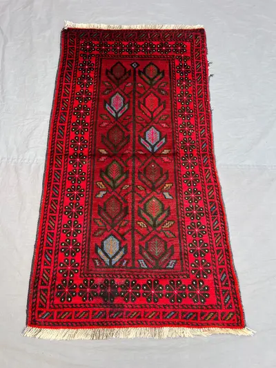 2'8x5 ft Vintage Afghan Pile Rug | Handknotted Tribal Floral Leaf Lattice | Vivid Red & Dark Black Wool | Acce