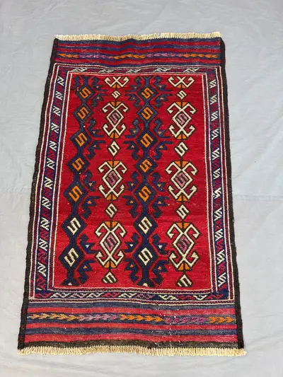 2'7x4'1 ft Vintage Afghan Kilim Rug | Handwoven Tribal Bold Geometric Hook Motif | Crimson Red & Deep Navy Fla