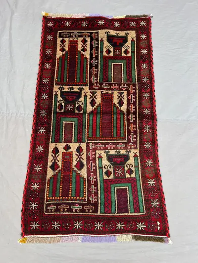 2'4x4'4 ft Vintage Afghan Pile Prayer Rug | Handknotted Tribal Multi-Niche Mihrab Panel | Ivory & Forest Green