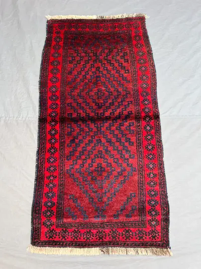 2'5x4'8 ft Vintage Afghan Pile Rug | Handknotted Tribal Double Diamond Medallion | Deep Red & Dark Navy Wool |