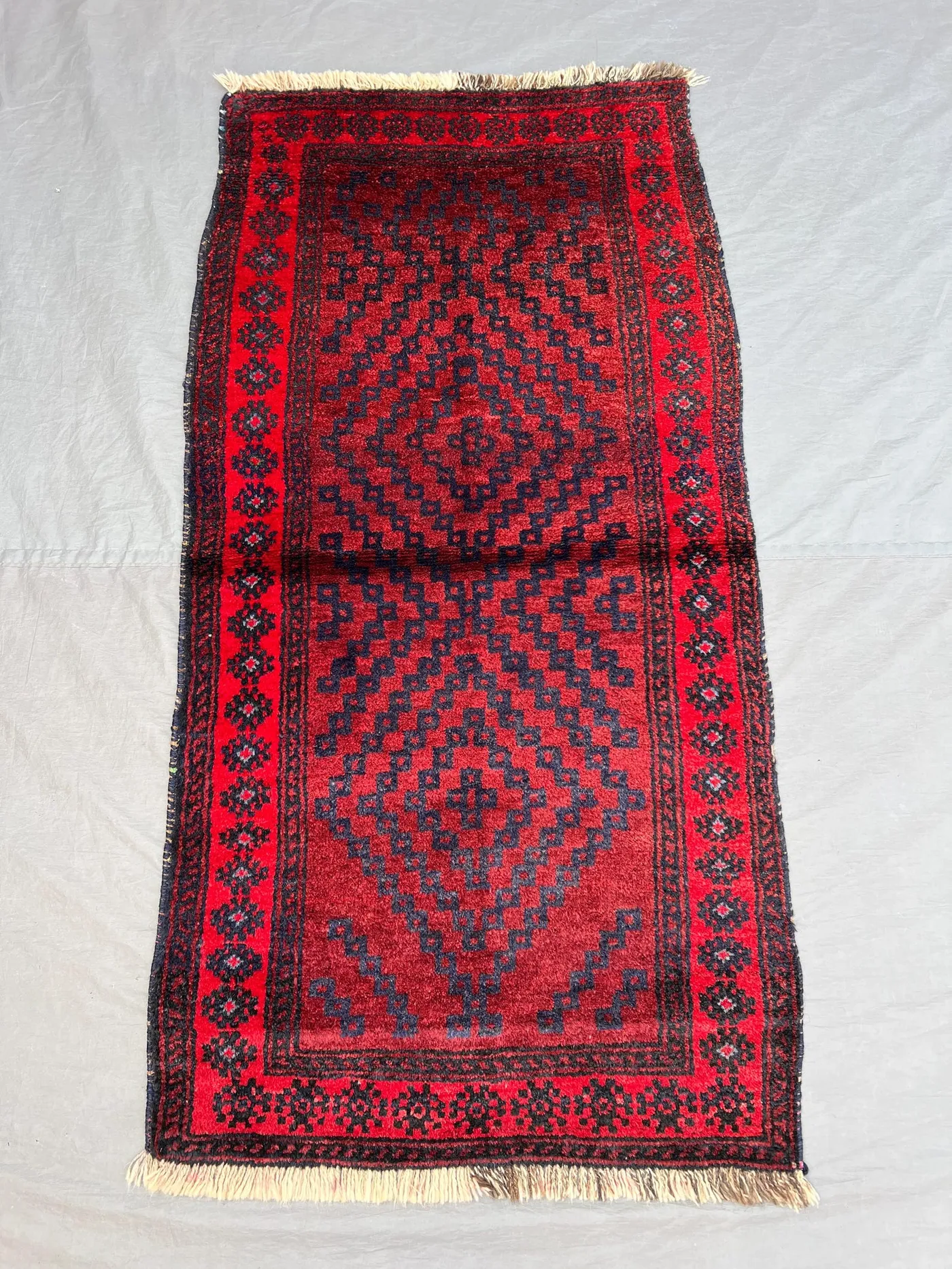 2'5x4'8 ft Vintage Afghan Pile Rug | Handknotted Tribal Double Diamond Medallion | Deep Red & Dark Navy Wool | Accent Rug Entryway Bedside