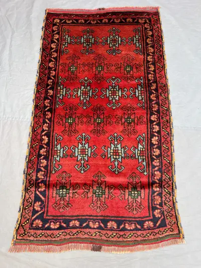 3x5'5 ft Vintage Afghan Pile Rug | Handknotted Tribal All-Over Cross Anchor Motif | Vivid Red & Dark Navy Wool
