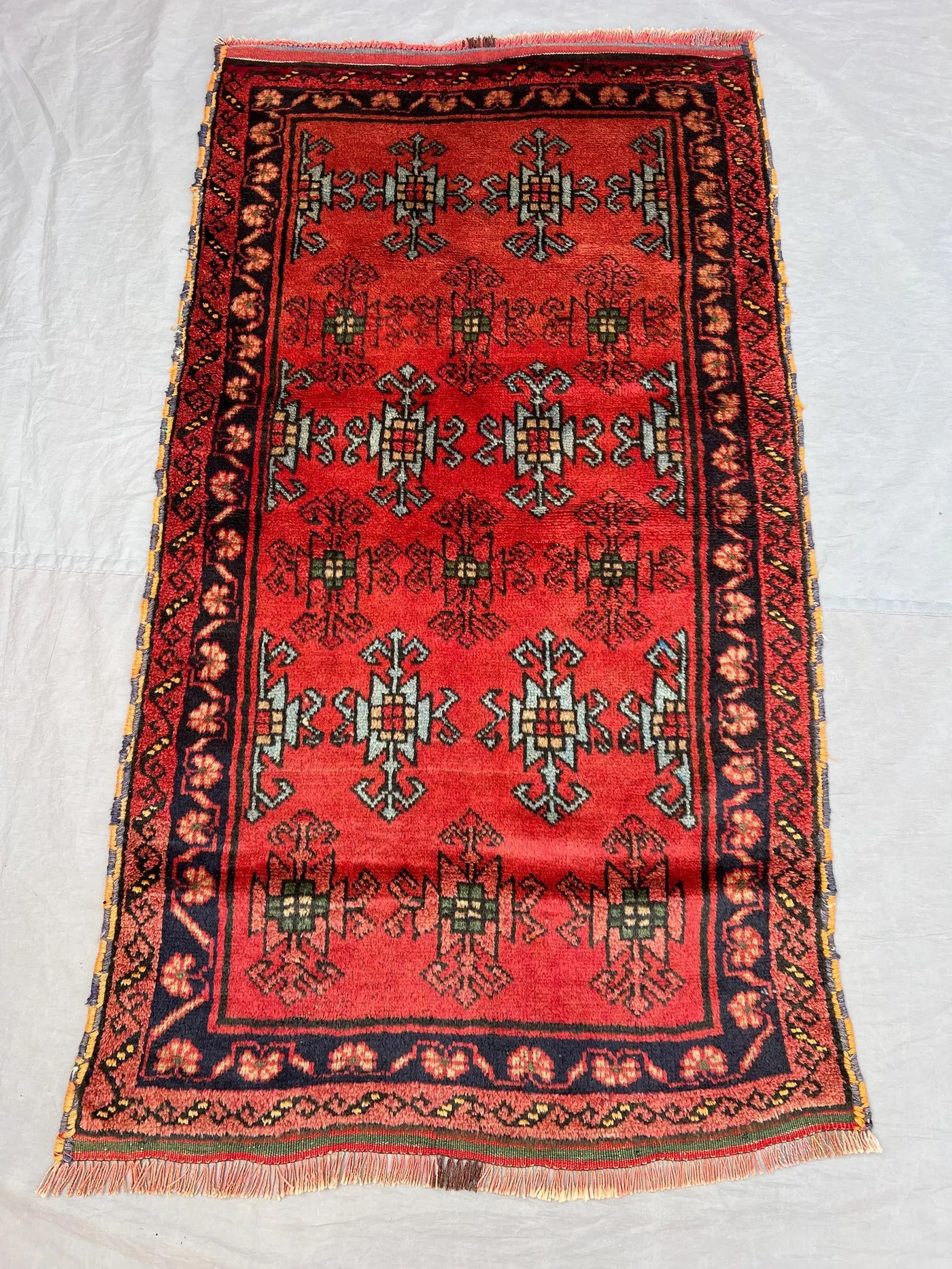 3x5'5 ft Vintage Afghan Pile Rug | Handknotted Tribal All-Over Cross Anchor Motif | Vivid Red & Dark Navy Wool | Accent Rug Bedroom Entryway