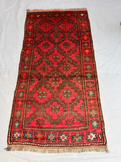 3x5'11 ft Vintage Afghan Pile Rug | Handknotted Tribal All-Over Cross & Meander | Faded Crimson Red And Dark B
