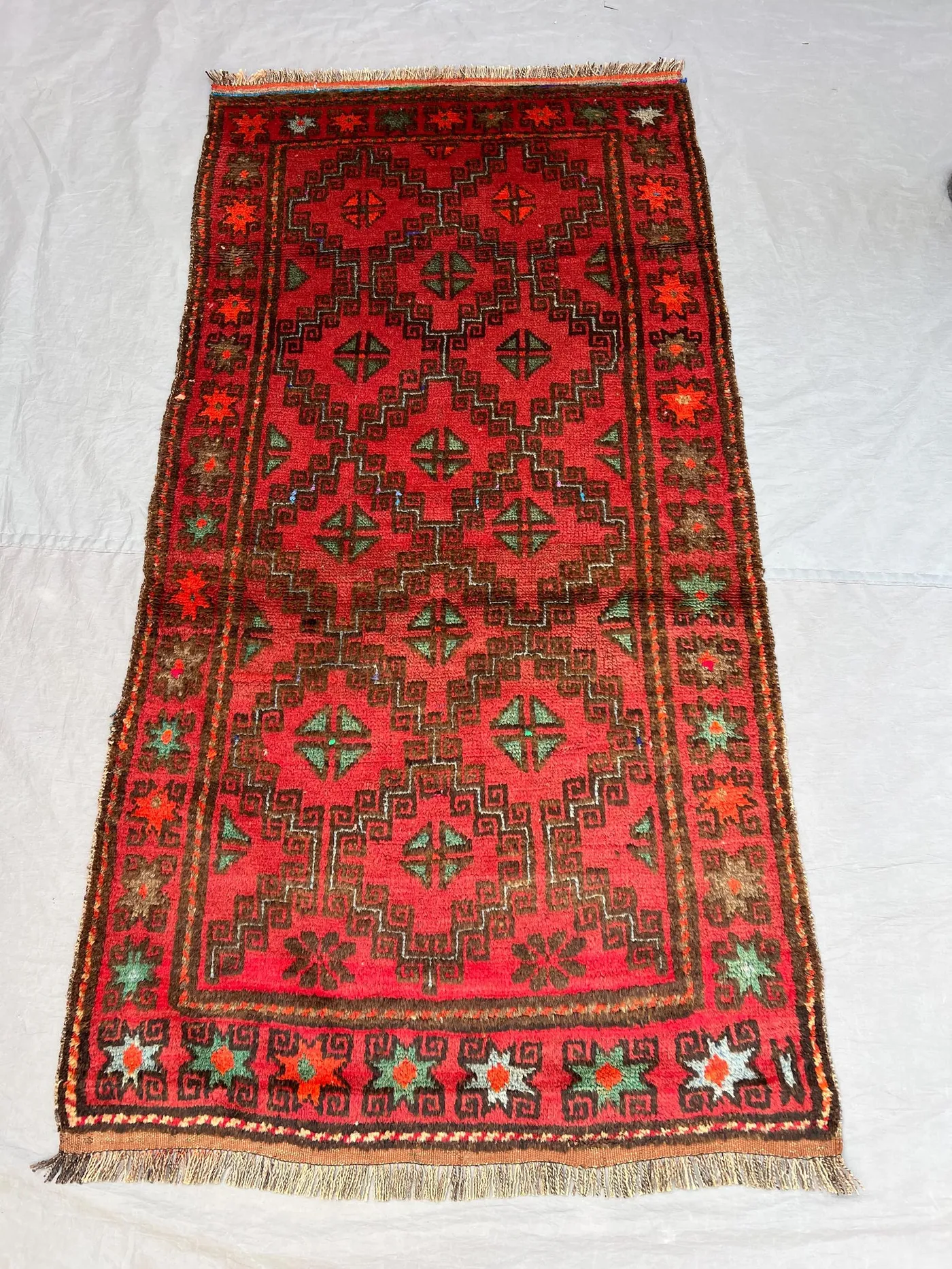 3x5'11 ft Vintage Afghan Pile Rug | Handknotted Tribal All-Over Cross & Meander | Faded Crimson Red And Dark Brown Wool | Bedroom Entryway