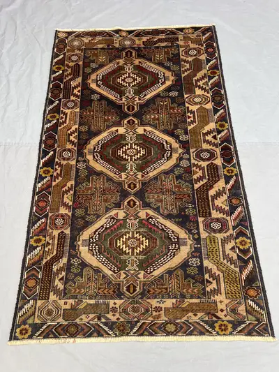 3'7x6 ft Vintage Afghan Pile Rug | Handknotted Tribal Triple Medallion | Dark Navy & Warm Camel Wool | Area Ru