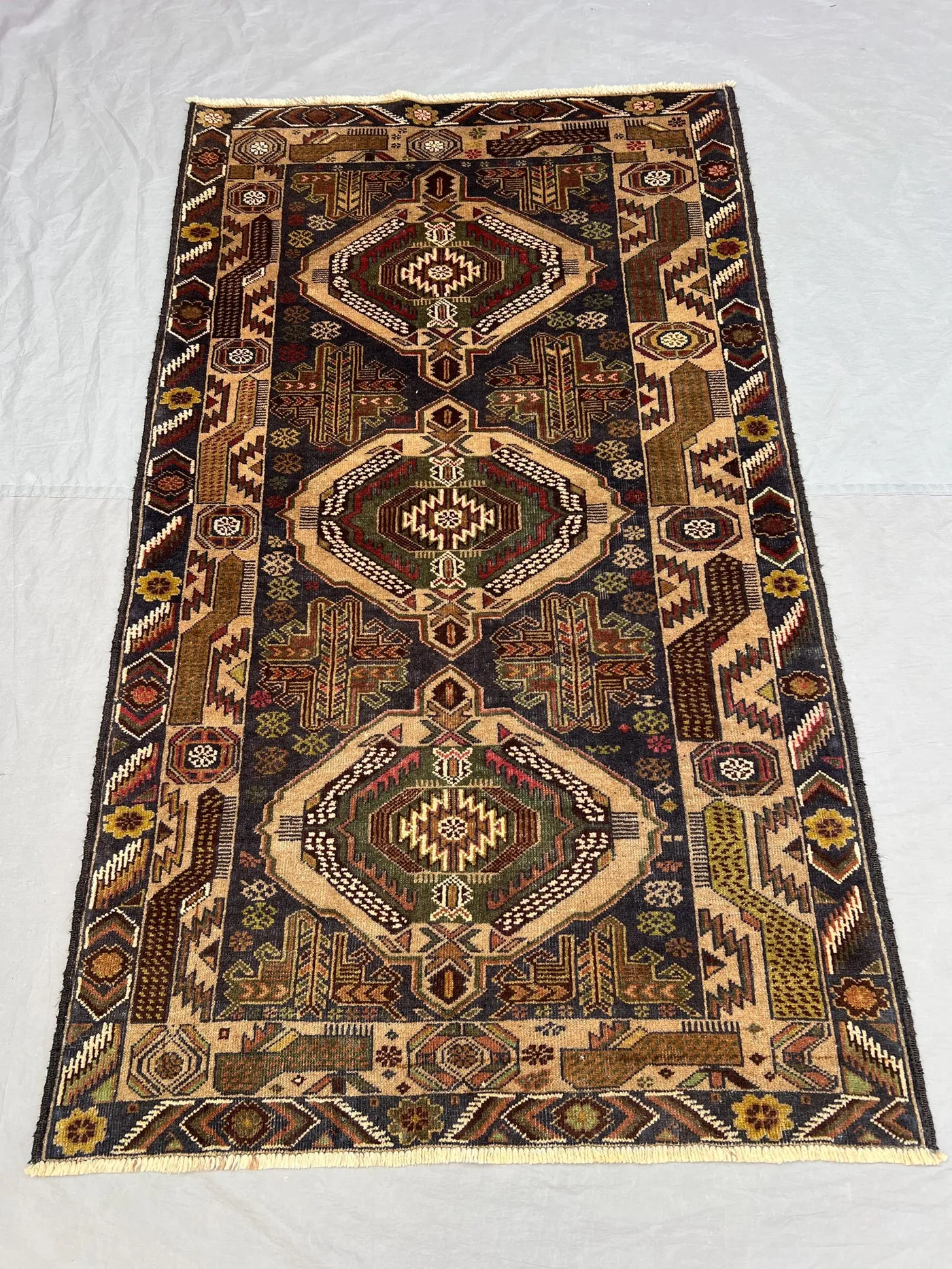 3'7x6 ft Vintage Afghan Pile Rug | Handknotted Tribal Triple Medallion | Dark Navy & Warm Camel Wool | Area Rug Living Room Bedroom