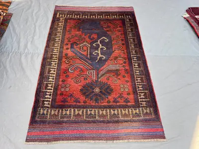 3'10x6 ft Vintage Afghan Pile Rug | Handknotted Tribal Bold Geometric Medallion | Burnt Orange & Deep Navy Woo