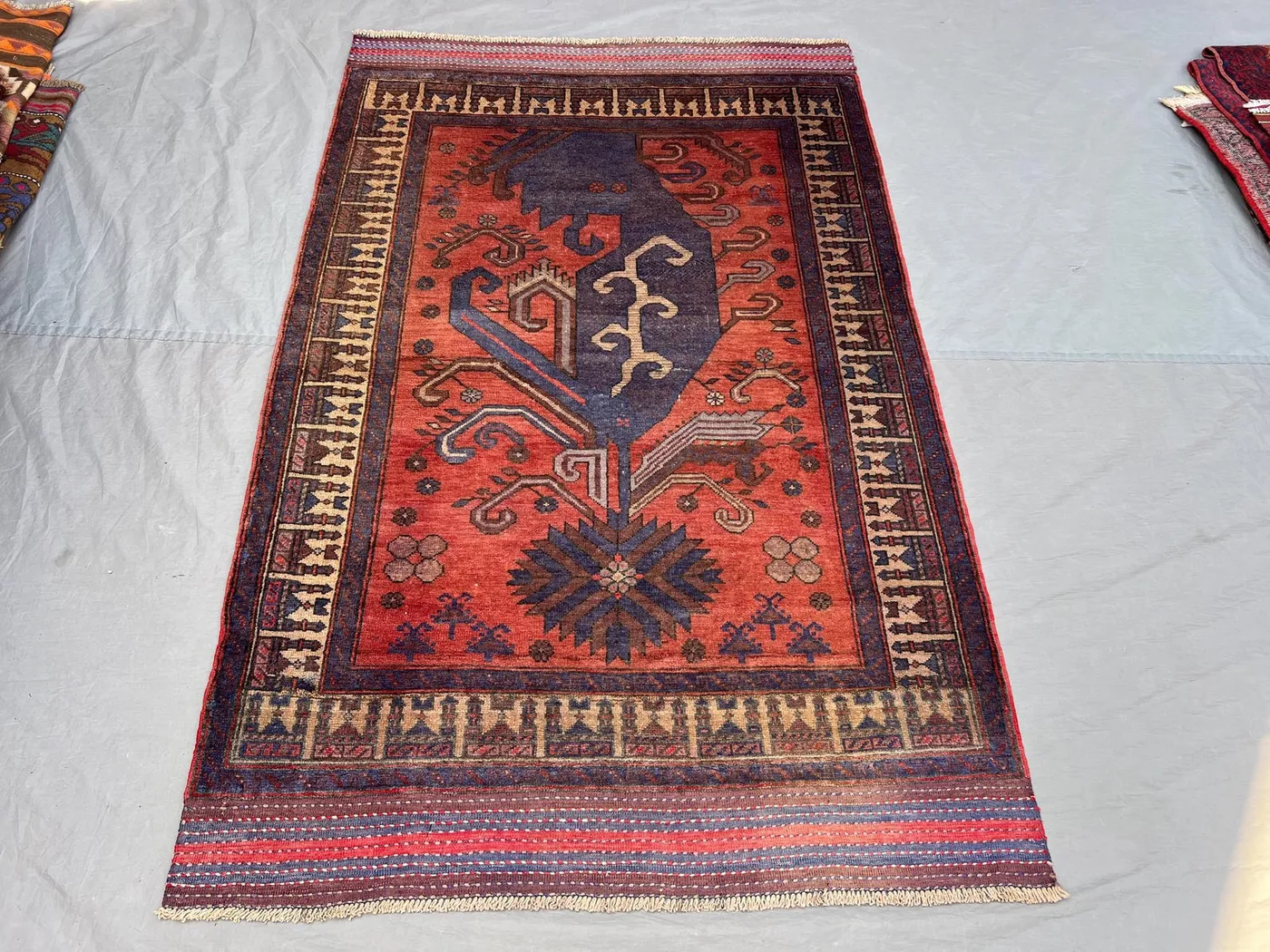 3'10x6 ft Vintage Afghan Pile Rug | Handknotted Tribal Bold Geometric Medallion | Burnt Orange & Deep Navy Wool Area Rug Living Room Bedroom