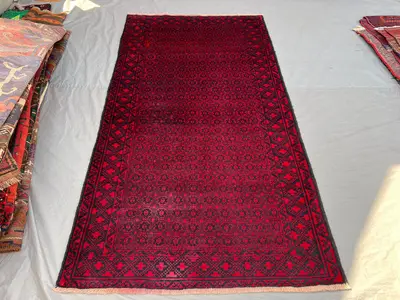 4'3x7'6 ft Vintage Afghan Pile Rug | Handknotted Tribal All-Over Geometric | Deep Crimson Red & Dark Navy Wool