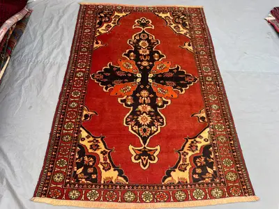 4'3x6'4 ft Vintage Afghan Pile Rug | Handknotted Floral Central Medallion | Rust Red & Midnight Black Wool | A