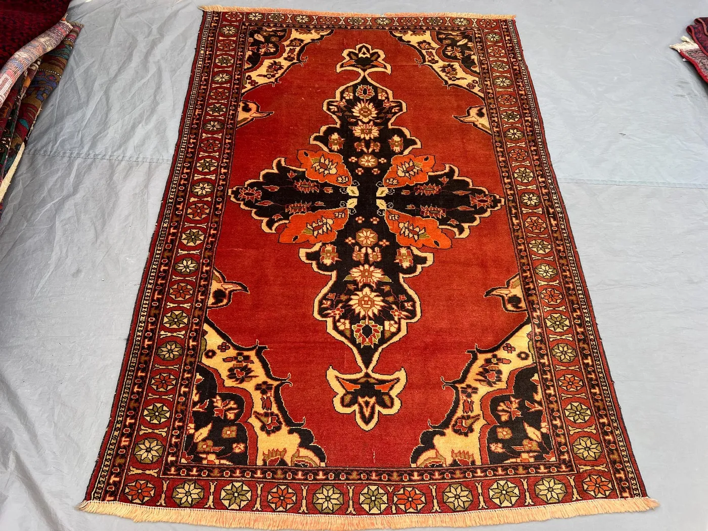 4'3x6'4 ft Vintage Afghan Pile Rug | Handknotted Floral Central Medallion | Rust Red & Midnight Black Wool | Area Rug Living Room Bedroom