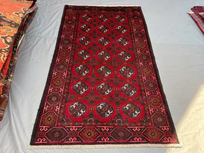 4'2x7 ft Vintage Afghan Pile Rug | Handknotted Tribal All-Over Elephant Foot | Crimson Red & Dark Navy Wool | 