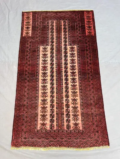 3x5'3 ft Vintage Afghan Pile Prayer Rug | Handknotted Tribal Mihrab Design | Salmon Pink & Dark Brown Wool | A