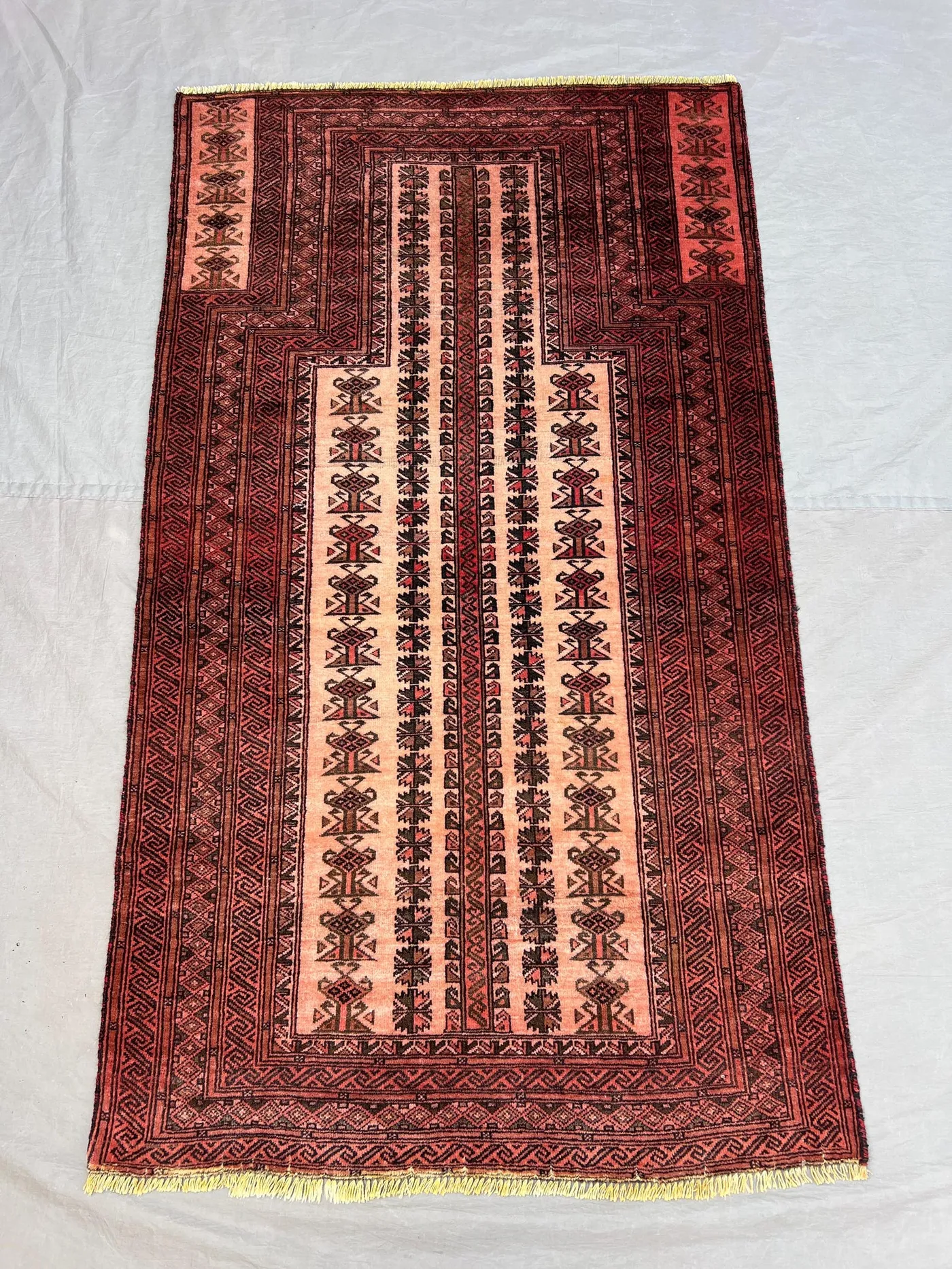 3x5'3 ft Vintage Afghan Pile Prayer Rug | Handknotted Tribal Mihrab Design | Salmon Pink & Dark Brown Wool | Accent Rug Bedroom Entryway