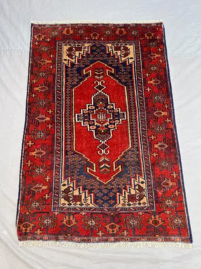 3x4'7 ft Vintage Afghan Pile Rug | Handknotted Tribal Central Medallion | Crimson Red & Navy Blue Wool | Accen