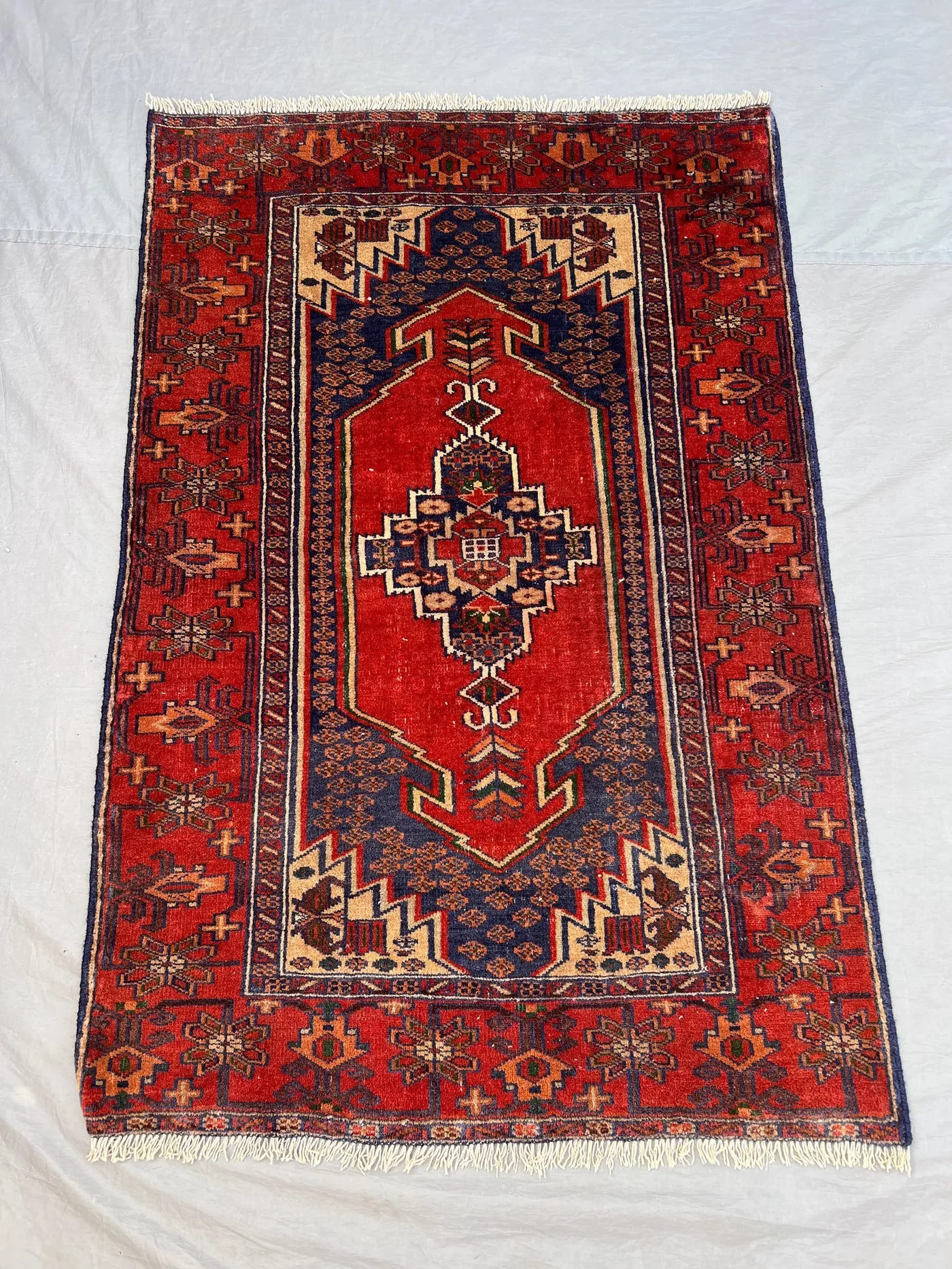 3x4'7 ft Vintage Afghan Pile Rug | Handknotted Tribal Central Medallion | Crimson Red & Navy Blue Wool | Accent Rug Bedroom Entryway Decor