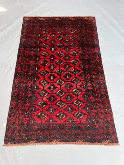3'9x5'10 Vintage Afghan Hand Knotted Wool Pile Rug Deep Red Black All-Over Octagonal Diamond Lattice Pattern L