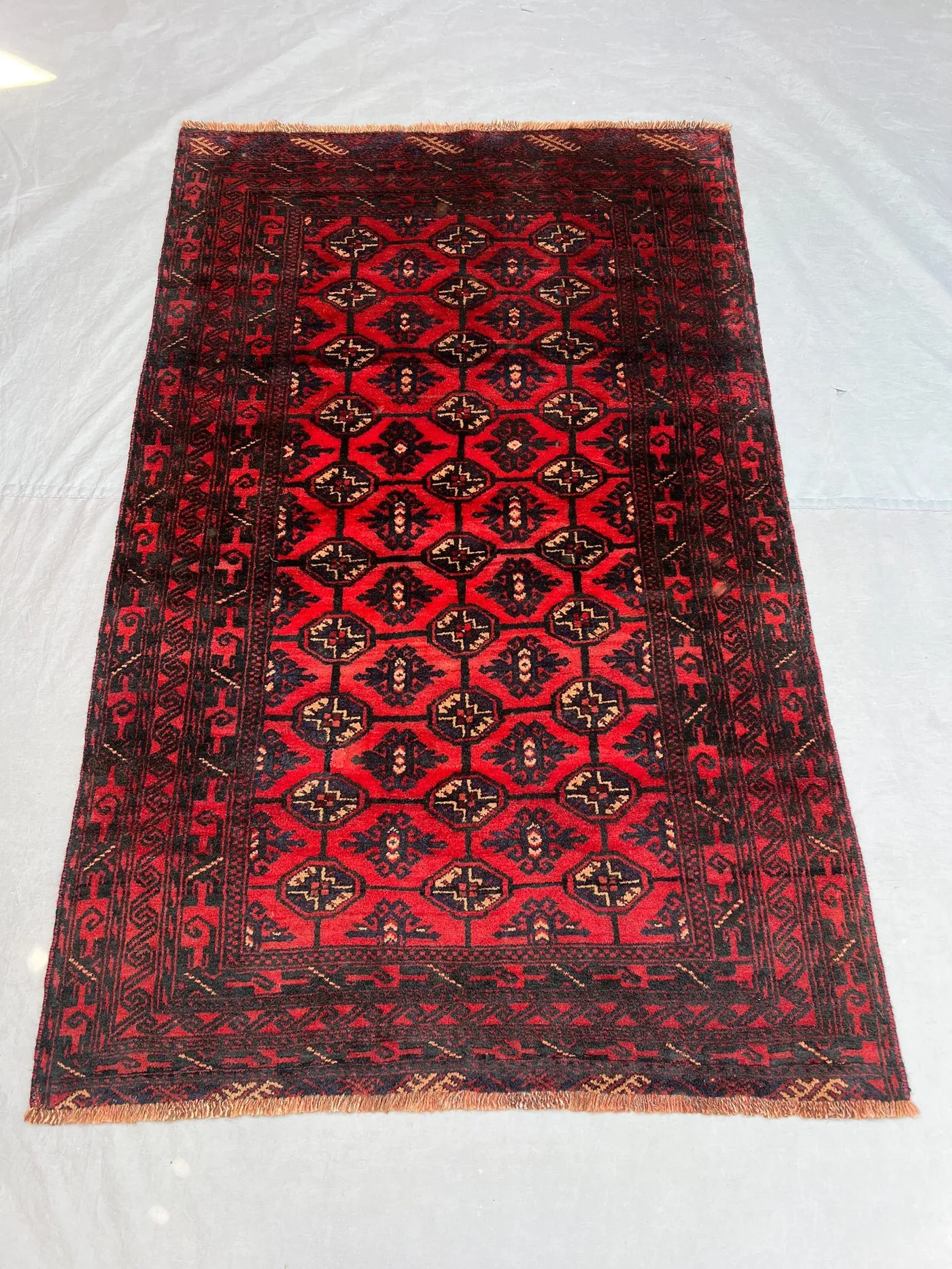 3'9x5'10 Vintage Afghan Hand Knotted Wool Pile Rug Deep Red Black All-Over Octagonal Diamond Lattice Pattern Living Room Bedroom Accent Rug