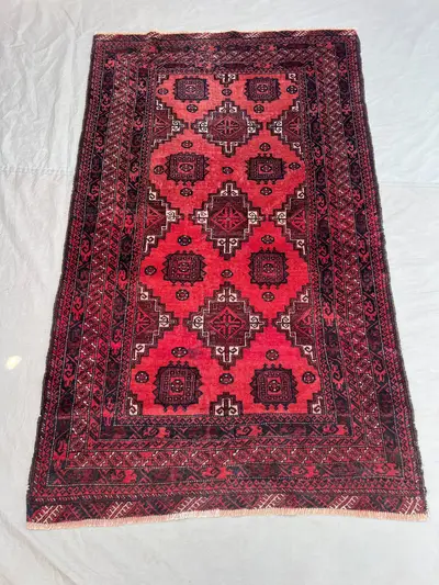 3'7x6 Vintage Afghan Hand Knotted Wool Pile Rug Bold Red Black Geometric Square Medallion All-Over Pattern | L