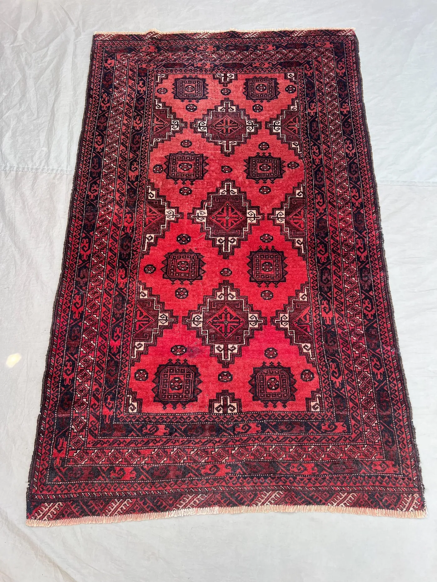 3'7x6 Vintage Afghan Hand Knotted Wool Pile Rug Bold Red Black Geometric Square Medallion All-Over Pattern | Living Room Bedroom Accent Rug