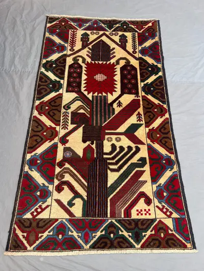 3'7x6'7 Vintage Afghan Hand Knotted Wool Pile Rug Ivory Tree of Life Starburst Pictorial Pattern | Living Room