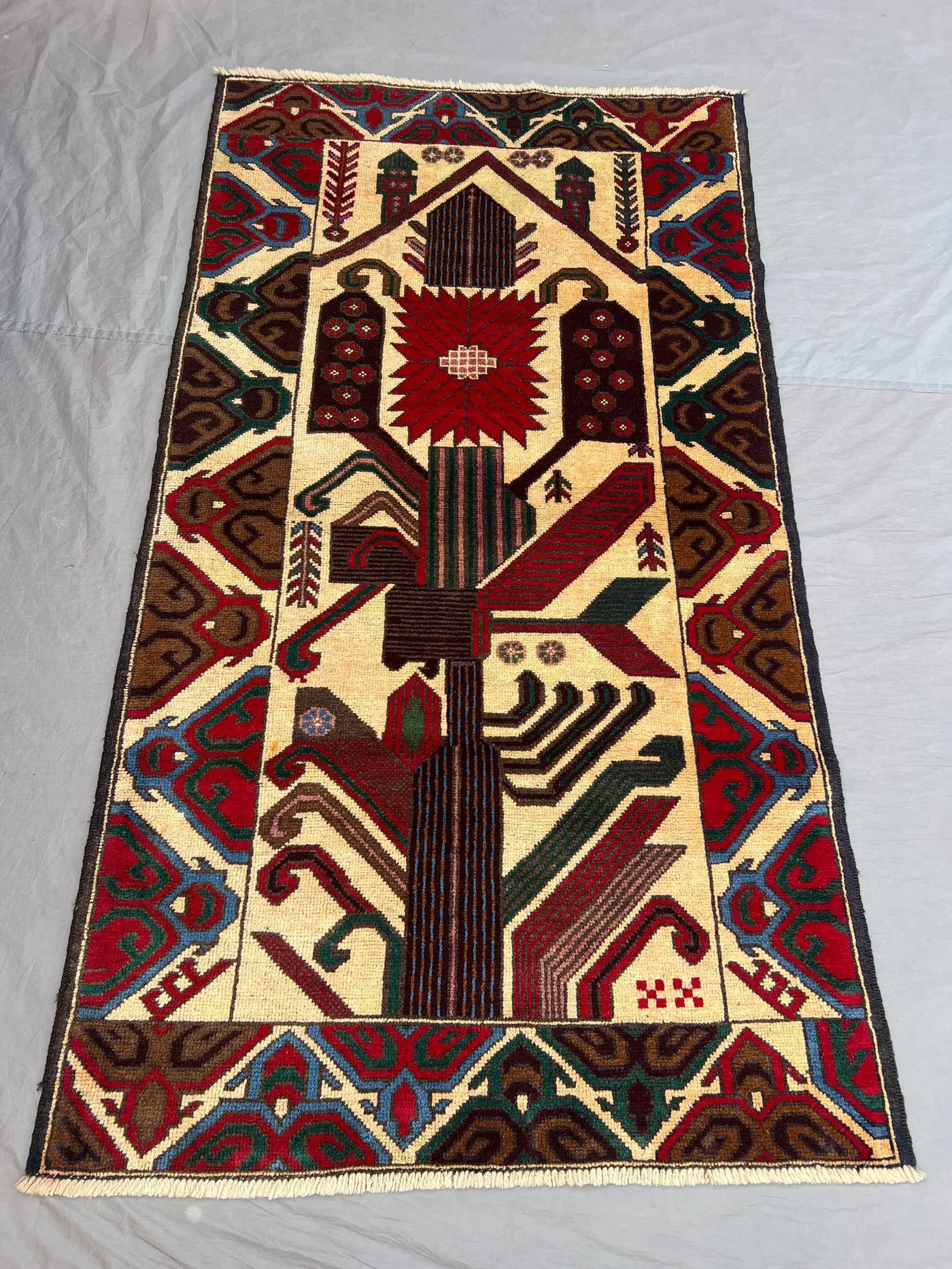 3'7x6'7 Vintage Afghan Hand Knotted Wool Pile Rug Ivory Tree of Life Starburst Pictorial Pattern | Living Room Bedroom Bohemian Wall Hanging