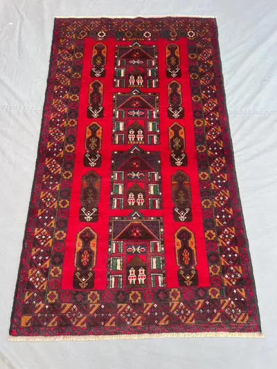 3'5x6'2 Ft Vintage Afghan Hand Knotted Wool Pile Rug Red Architectural Mosque Prayer Arch Pattern | Bedroom Li