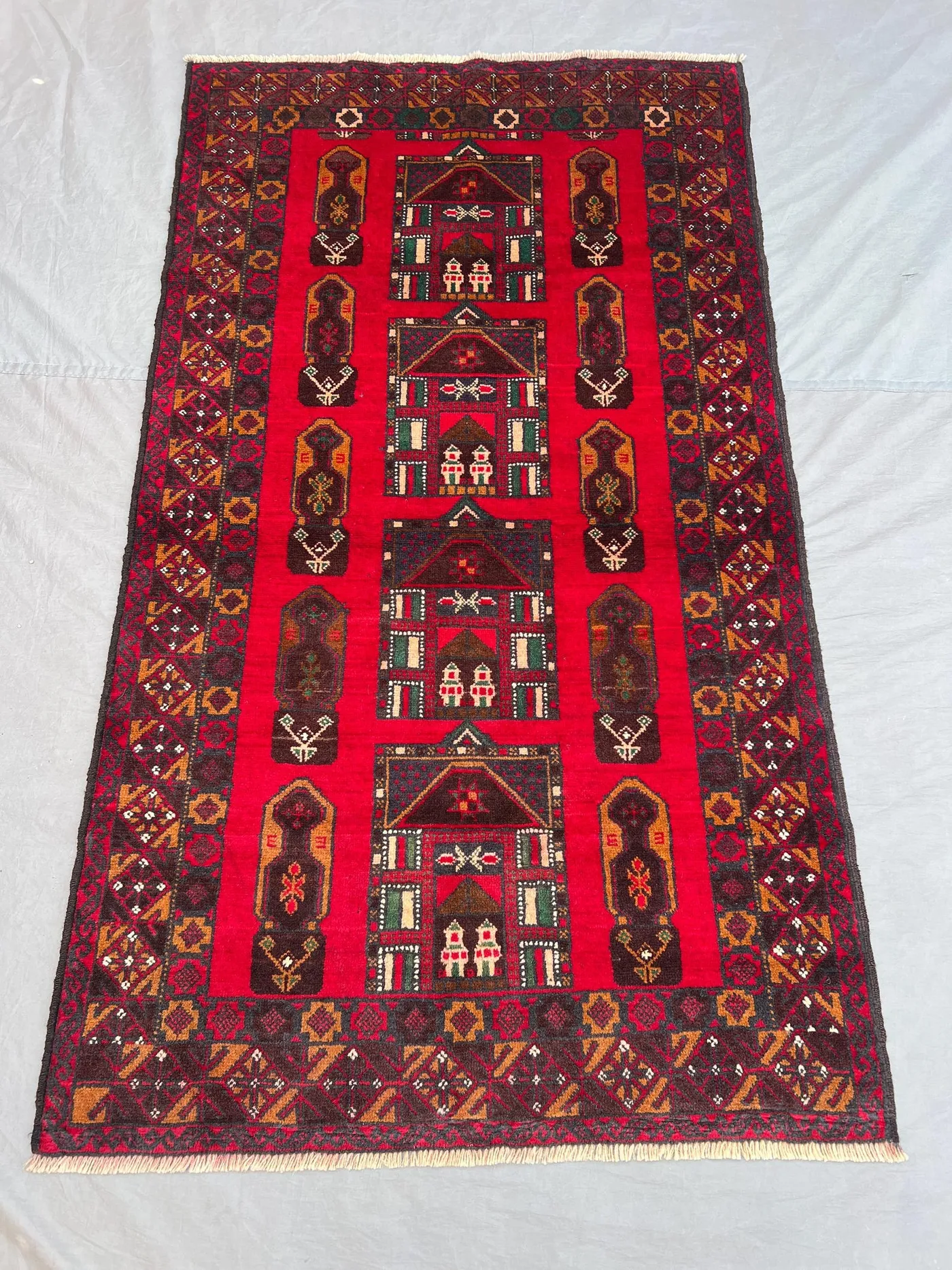 3'5x6'2 Ft Vintage Afghan Hand Knotted Wool Pile Rug Red Architectural Mosque Prayer Arch Pattern | Bedroom Living Room Bohemian Accent Rug