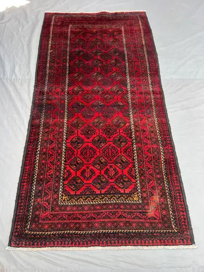 3'9x7'7 Ft Vintage Afghan Hand Knotted Wool Pile Rug Deep Red Black Geometric Diamond Medallion Pattern | Hall