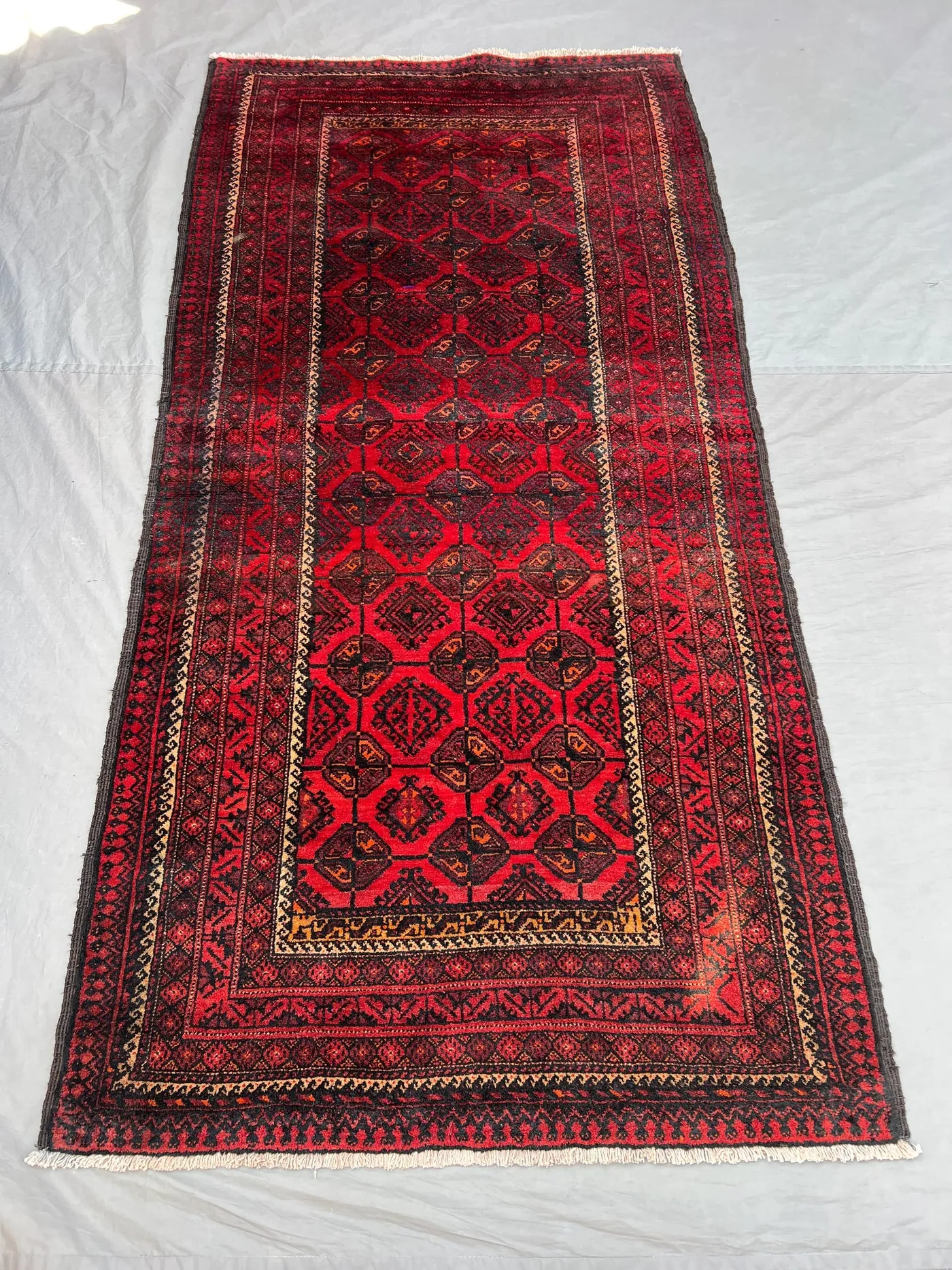 3'9x7'7 Ft Vintage Afghan Hand Knotted Wool Pile Rug Deep Red Black Geometric Diamond Medallion Pattern | Hallway Living Room