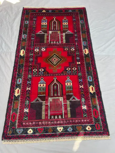 3'8x6'9 ft Vintage Afghan Rug, Handwoven Wool Pile, Geometric Prayer Niche Design, Handknotted, Ideal for Livi