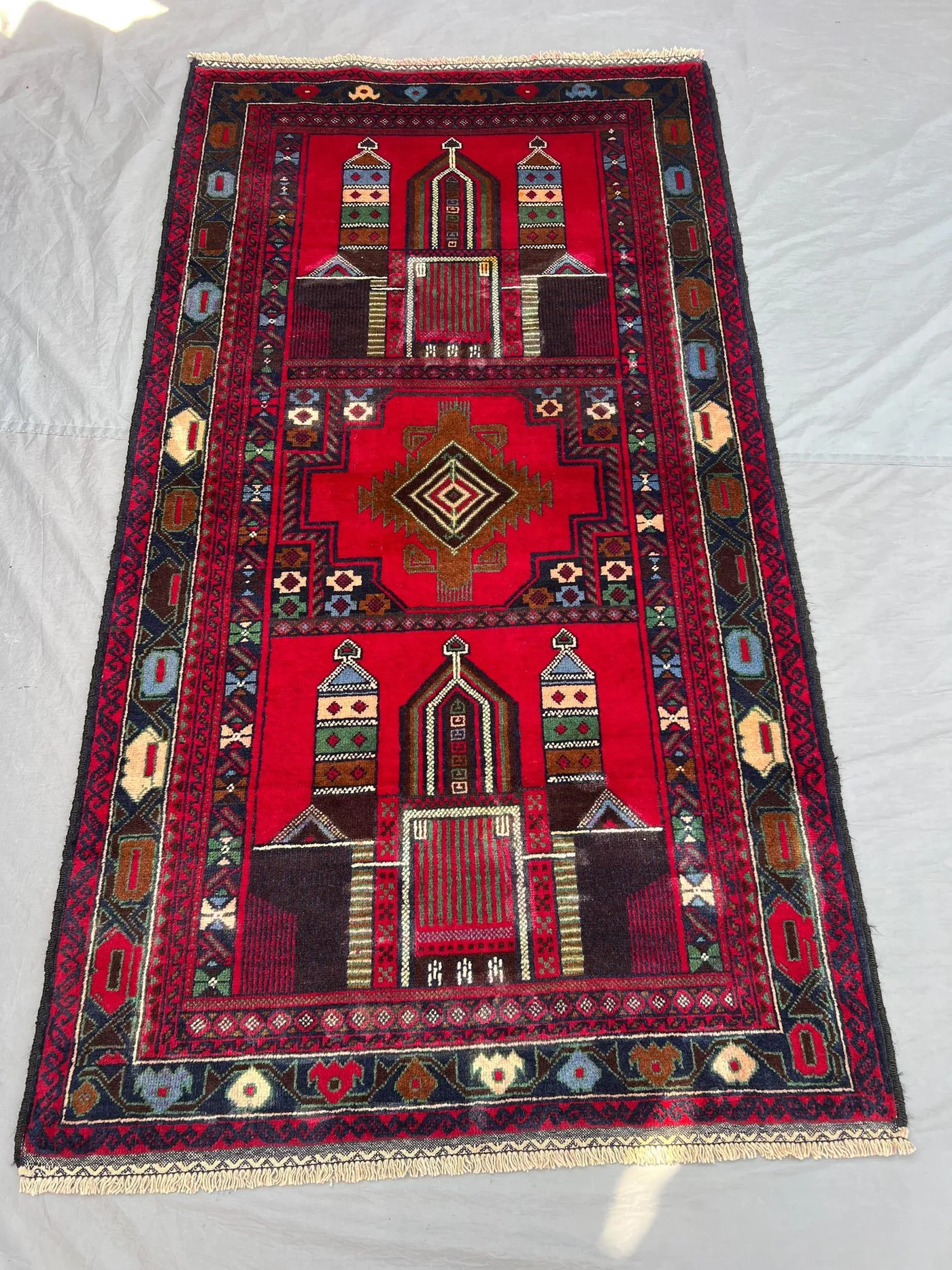 3'8x6'9 ft Vintage Afghan Rug, Handwoven Wool Pile, Geometric Prayer Niche Design, Handknotted, Ideal for Living Room, Bedroom,Prayer Space