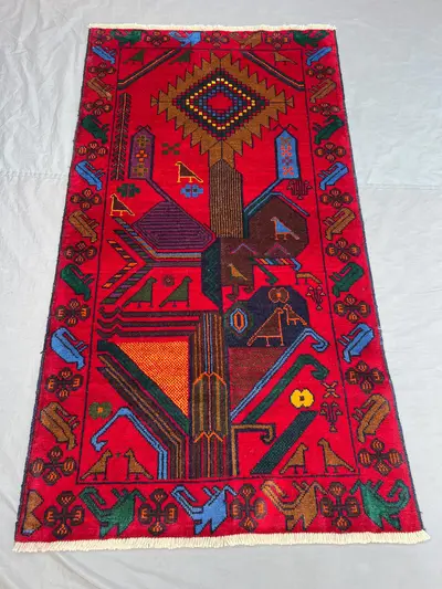 3'6x6'5 ft Vintage Afghan Rug, Handwoven Wool Pile, Geometric Tribal Design, Vibrant Red with Intricate Motifs