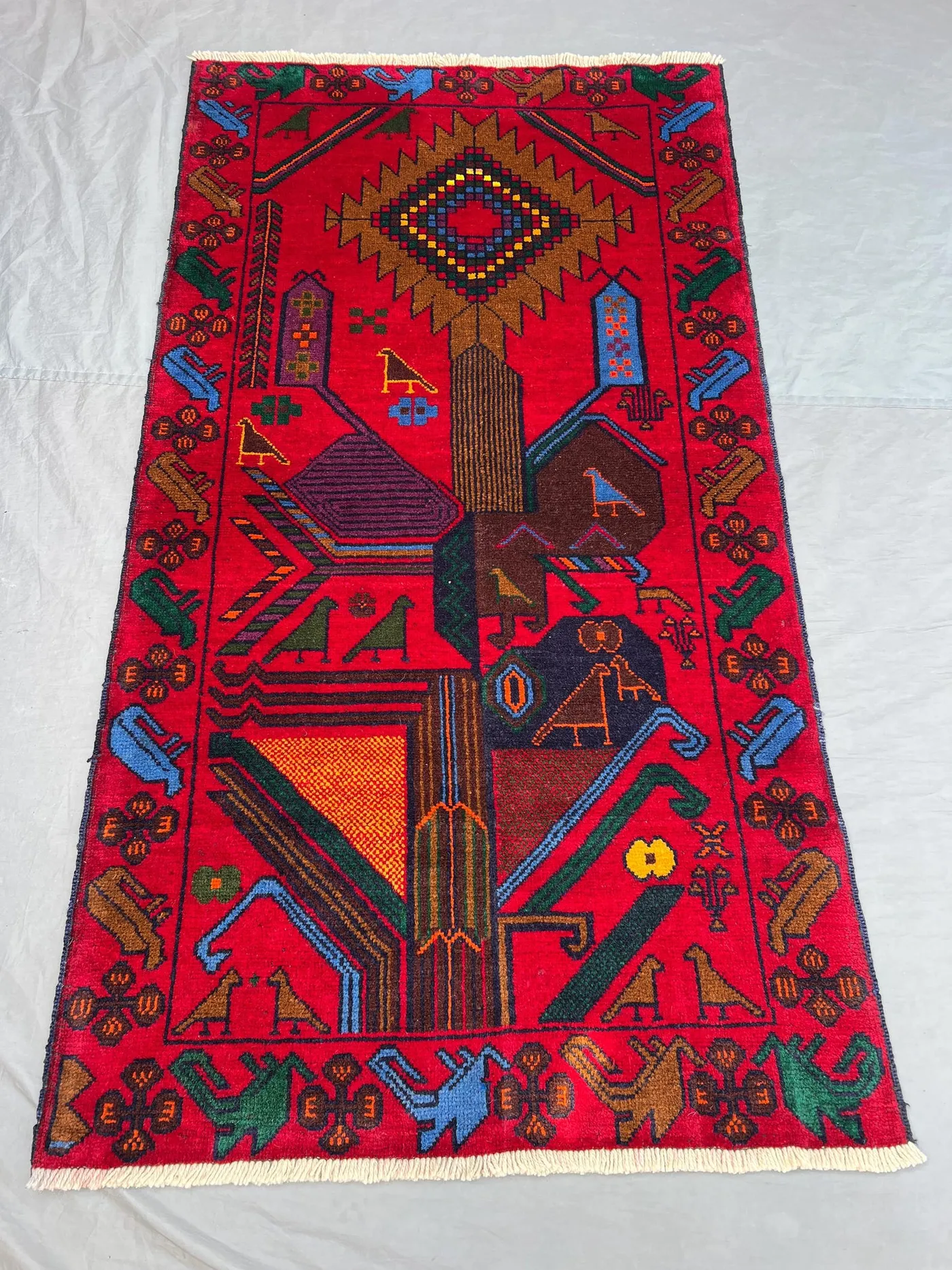 3'6x6'5 ft Vintage Afghan Rug, Handwoven Wool Pile, Geometric Tribal Design, Vibrant Red with Intricate Motifs, Handknotted, Entryway
