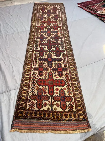 3'2x12 ft Vintage Afghan Pile Runner Rug | Handknotted Tribal All-Over Floral Boteh | Ivory & Crimson Red Wool