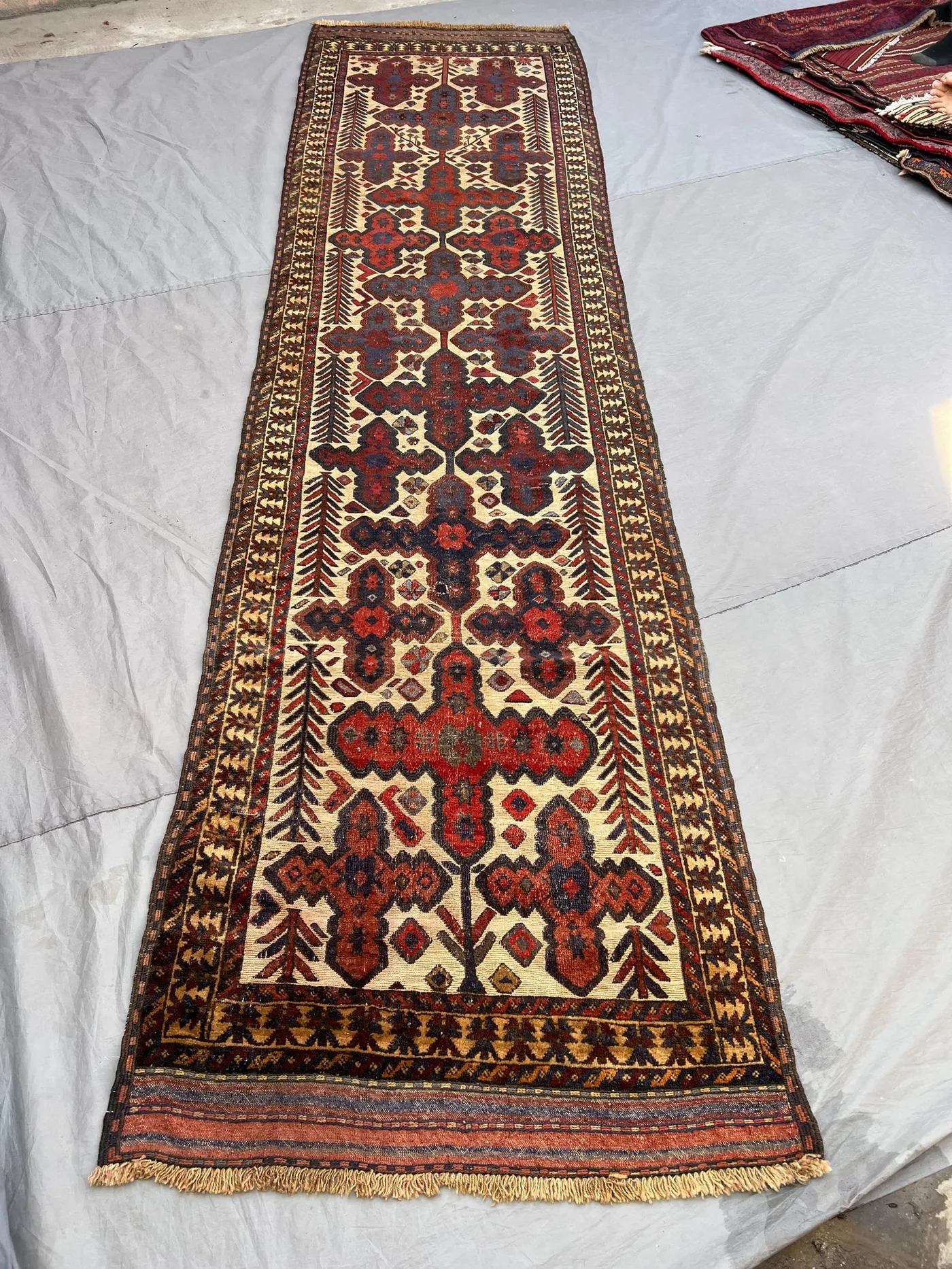 3'2x12 ft Vintage Afghan Pile Runner Rug | Handknotted Tribal All-Over Floral Boteh | Ivory & Crimson Red Wool | Hallway Runner Entryway