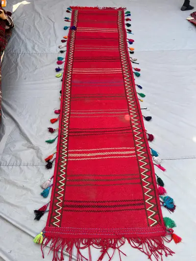 2'5x10 ft Vintage Afghan Kilim Rug, Handwoven Wool, Red Base with Colorful Tassels, Flat Weave, Ideal for Hall