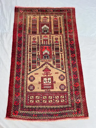 2'10x4'8 ft Vintage Afghan Prayer Rug, Handwoven Wool, Geometric Design, Handknotted, Ideal for Prayer Space, 