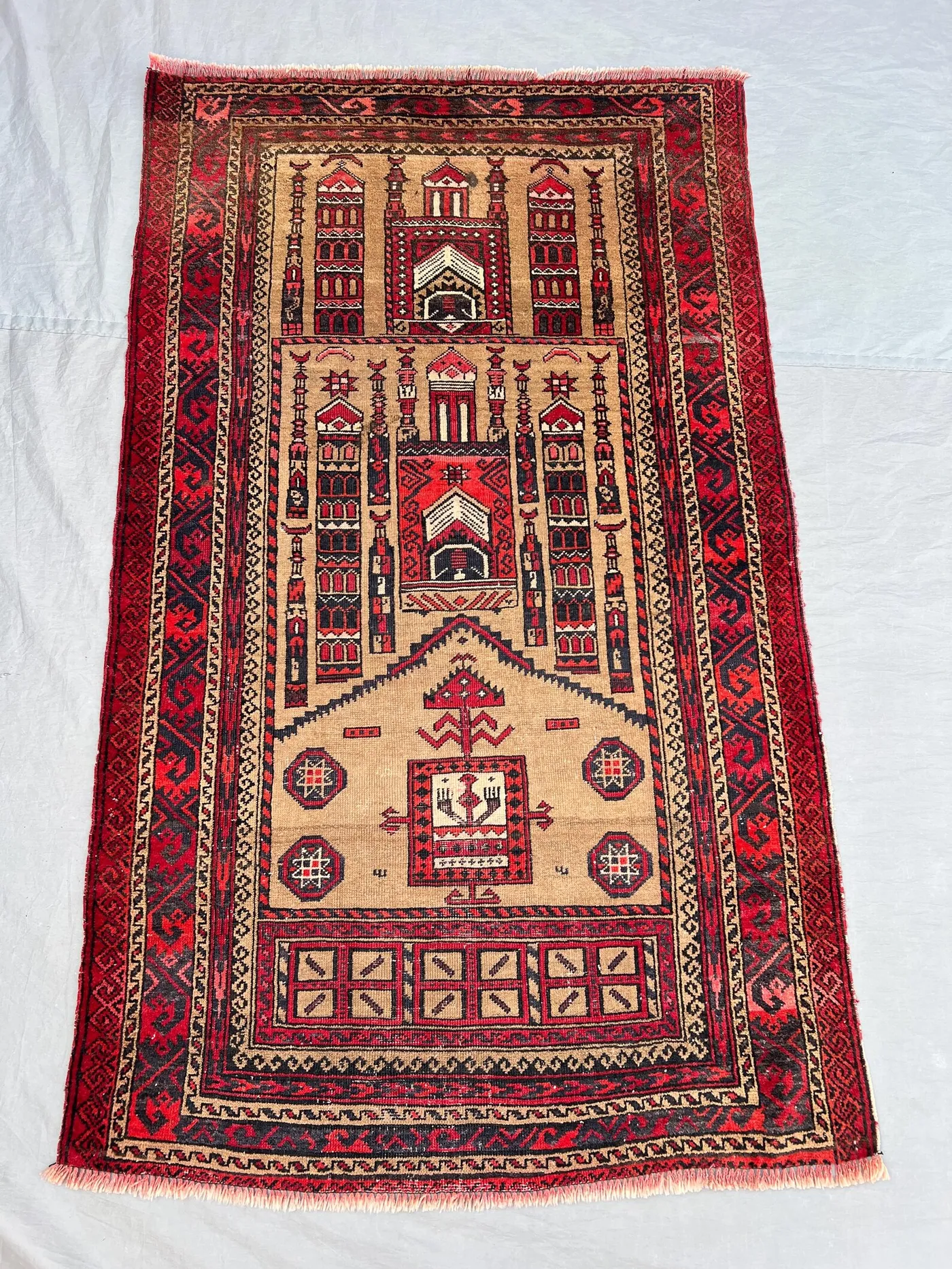 2'10x4'8 ft Vintage Afghan Prayer Rug, Handwoven Wool, Geometric Design, Handknotted, Ideal for Prayer Space, Entryway, or Small Area Accent