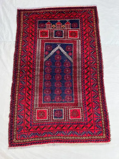 3x4'9 Ft Vintage Afghan Hand Knotted Pile Prayer Rug | Navy Blue Red Mosque Arch Mihrab Geometric Wool Rug | D