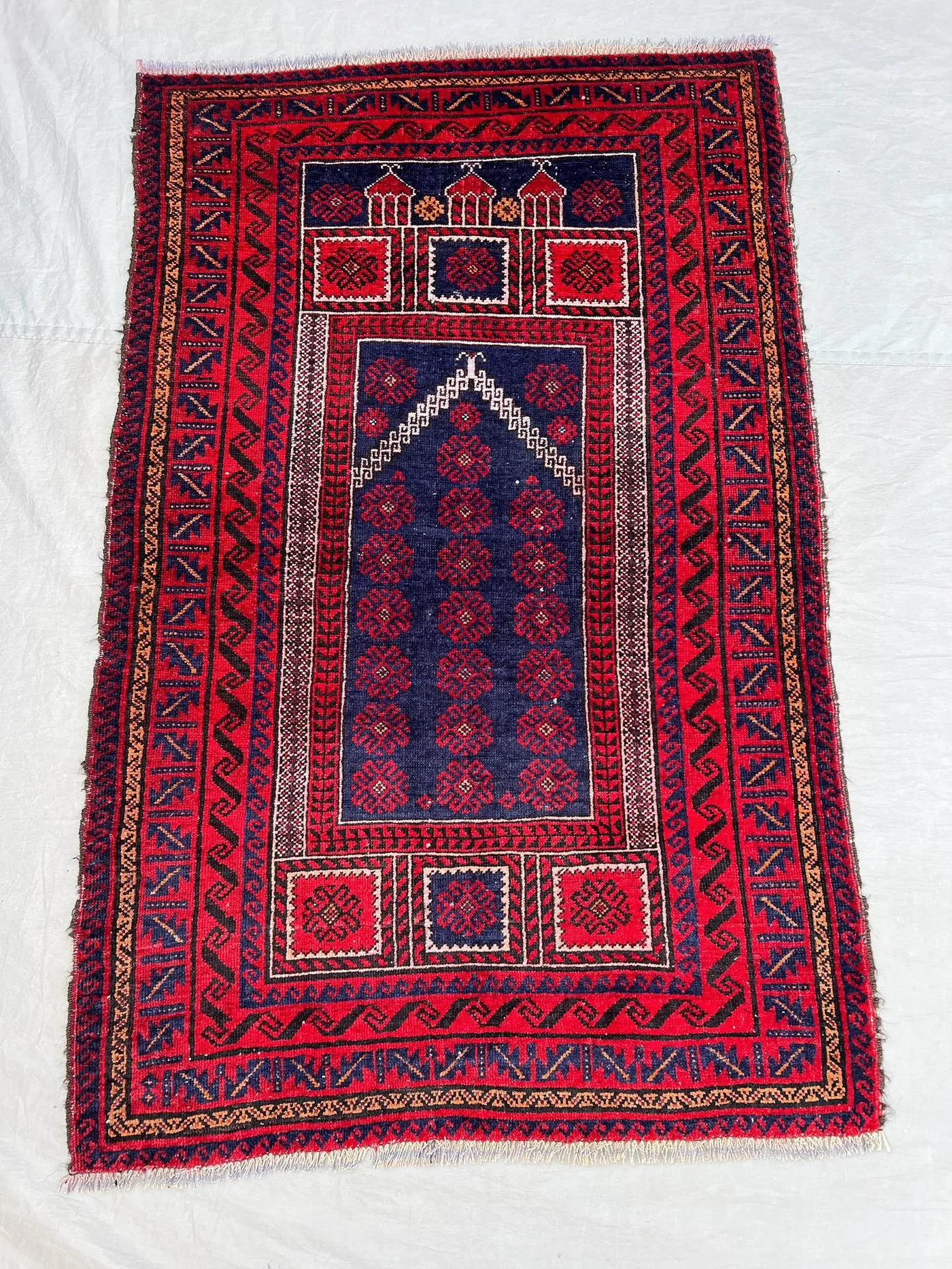 3x4'9 Ft Vintage Afghan Hand Knotted Pile Prayer Rug | Navy Blue Red Mosque Arch Mihrab Geometric Wool Rug | Daily Prayer, Wall Hanging