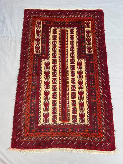 2'11x4'8 Ft Vintage Afghan Hand Knotted Pile Prayer Rug | Ivory Red Striped Column Mihrab Tribal Wool Rug | Da