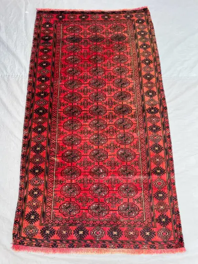 3'1x5'7 Ft Vintage Afghan Hand Knotted Pile Rug | Red Allover Elephant Foot Octagonal Medallion Tribal Wool Ru