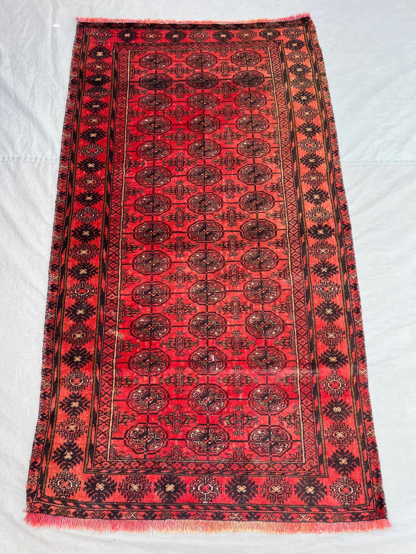 3'1x5'7 Ft Vintage Afghan Hand Knotted Pile Rug | Red Allover Elephant Foot Octagonal Medallion Tribal Wool Rug | Living Room, Hallway