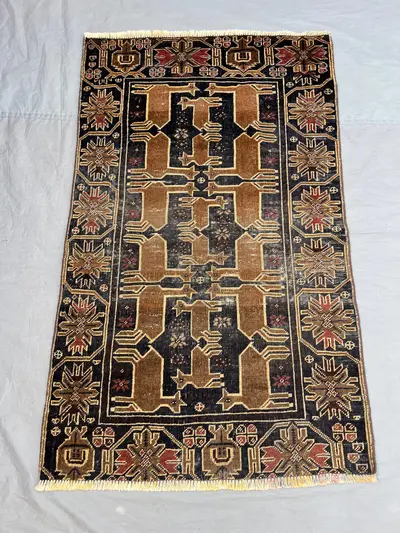 3x5 Ft Antique Afghan Hand Knotted Pile Rug | Black Camel Brown Geometric Medallion Tribal Wool Area Rug | Boh