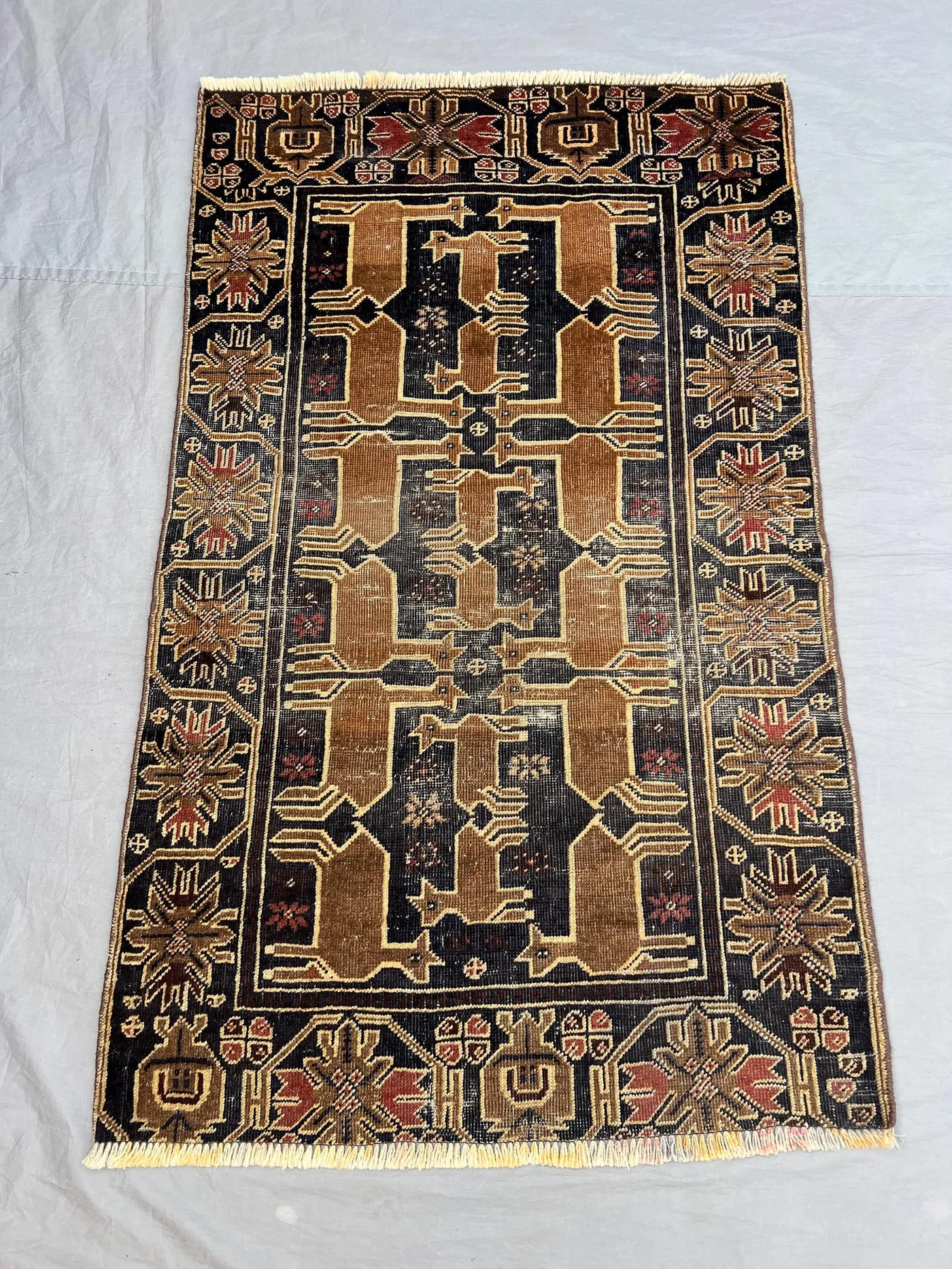 3x5 Ft Antique Afghan Hand Knotted Pile Rug | Black Camel Brown Geometric Medallion Tribal Wool Area Rug | Boho Living Room, Wall Hanging