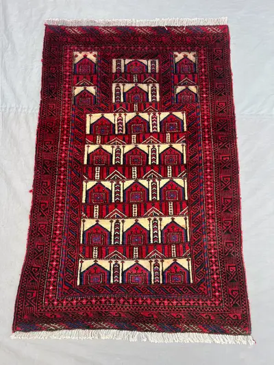 2'8x4 Ft Vintage Afghan Hand Knotted Pile Prayer Rug | Red Ivory Repeating Arch Mihrab Wool Rug | Boho Living 