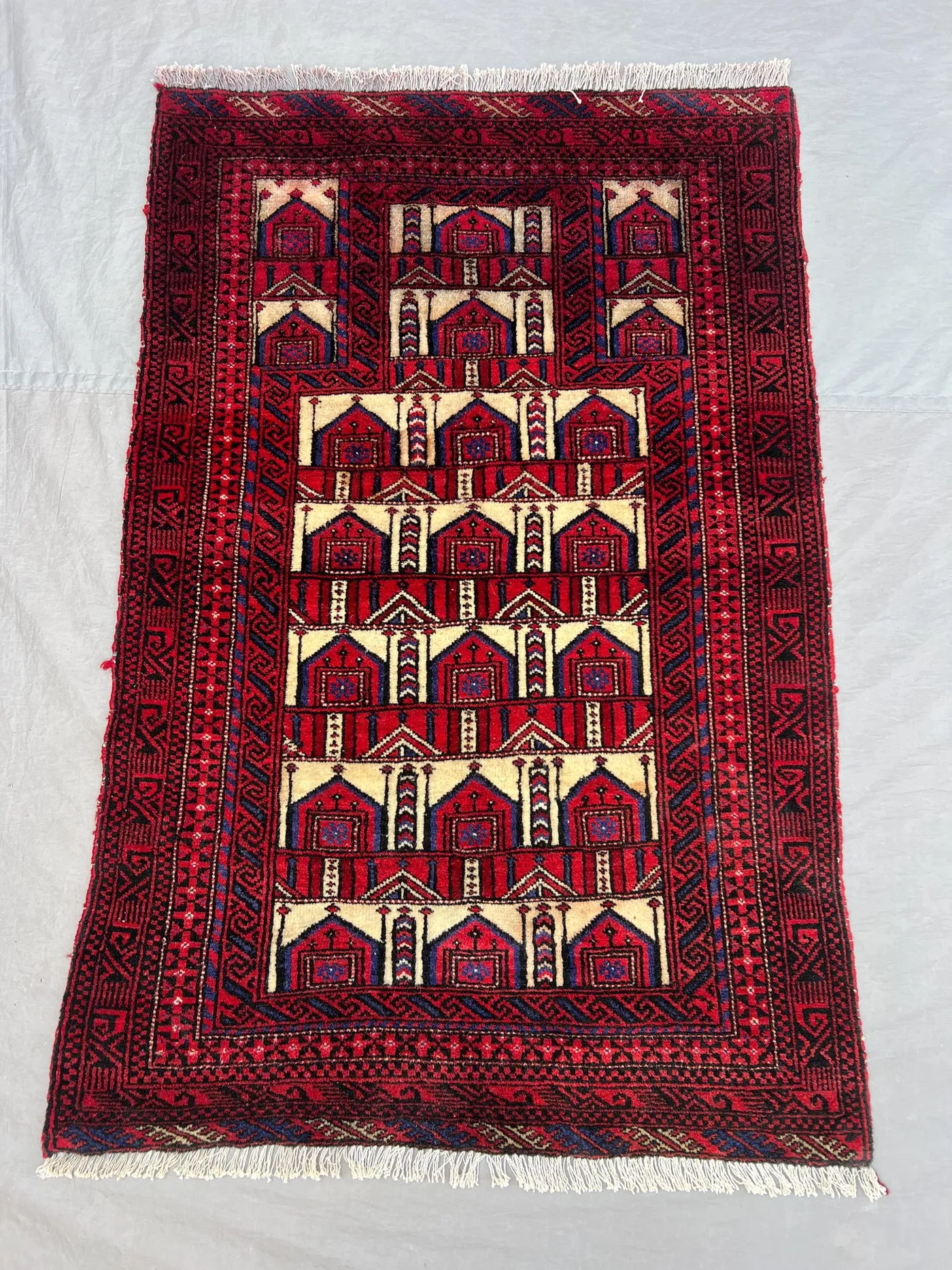 2'8x4 Ft Vintage Afghan Hand Knotted Pile Prayer Rug | Red Ivory Repeating Arch Mihrab Wool Rug | Boho Living Room, Bedroom, Wall Hanging
